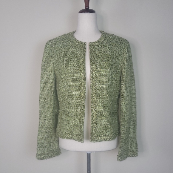 Talbots Jackets & Blazers - TALBOTS Jacket Womens 8 Green Tweed Boucle Blazer Open Front Classic Crewneck